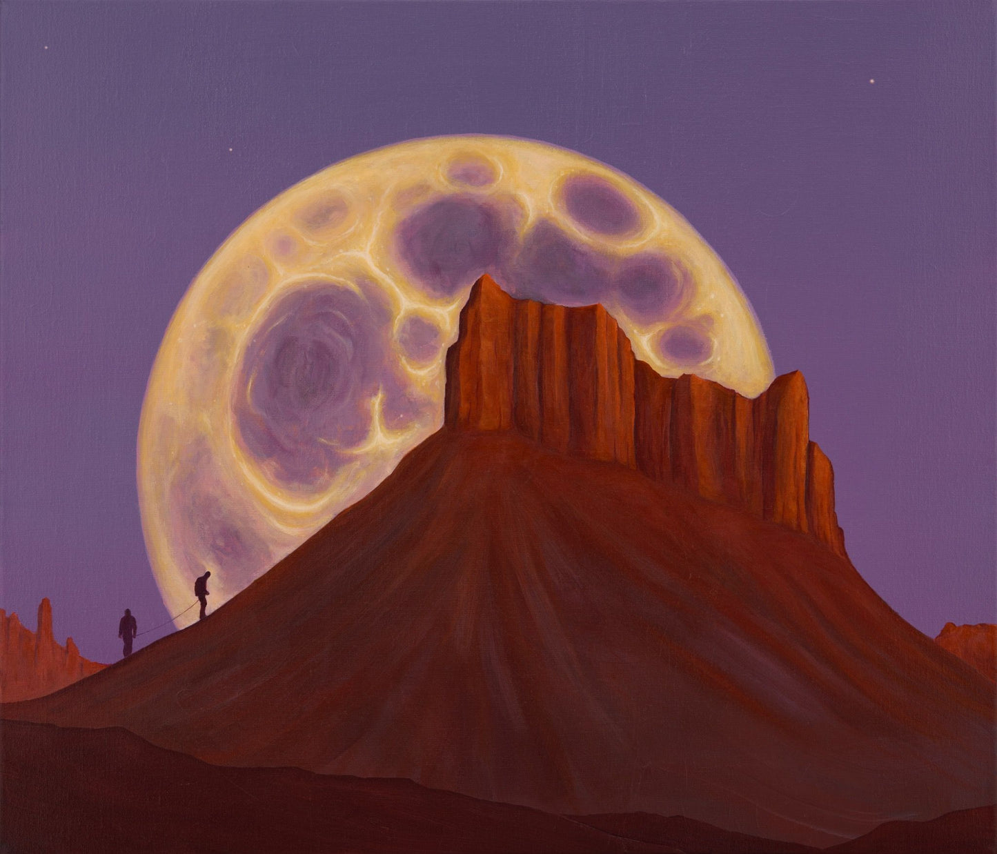 Voidcoloured painting of two figures ascending a red mountain beneath an immense glowing moon on a violet sky original dimensions.