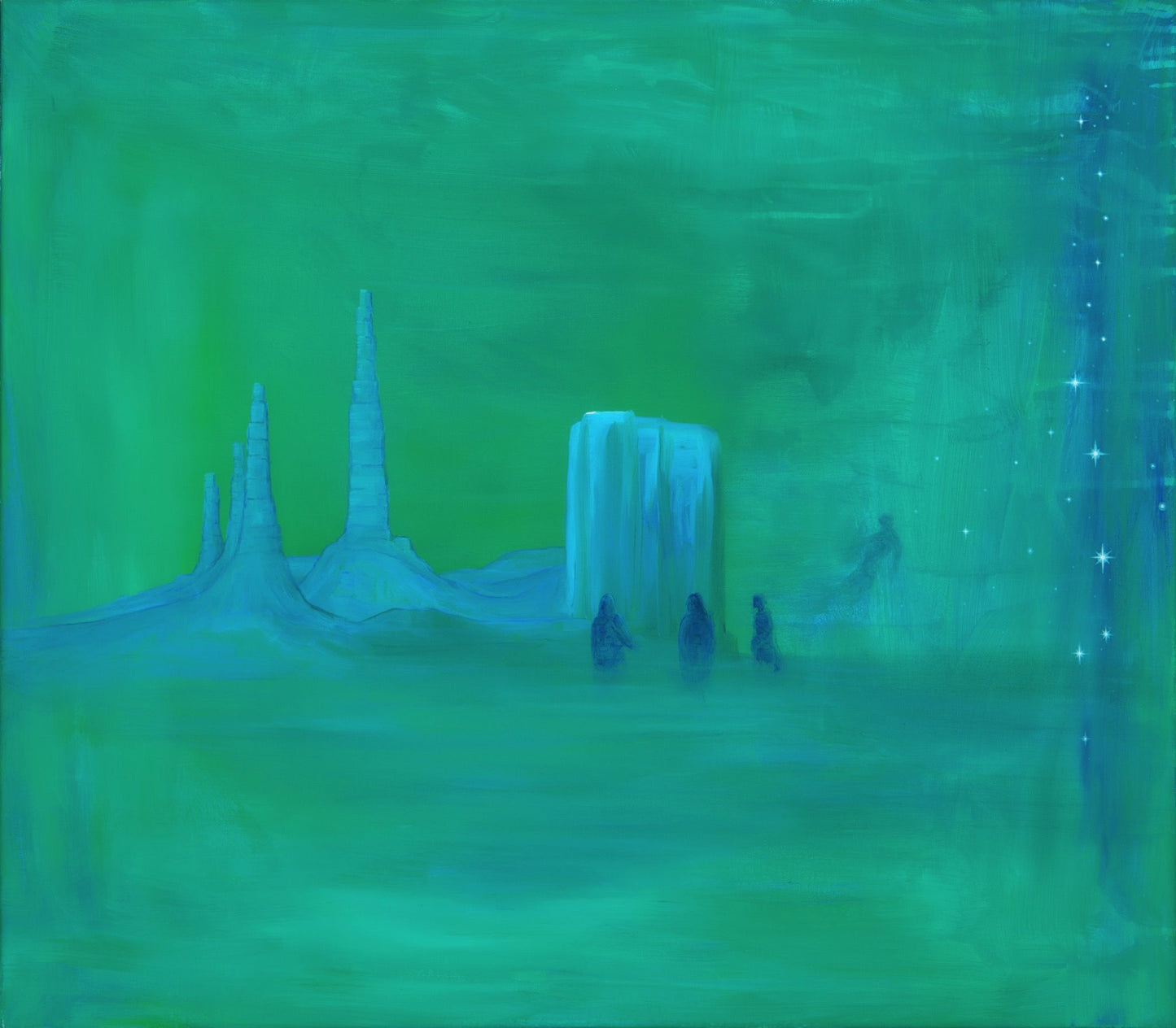 Voidcoloured artwork of spectral figures moving through a green dreamscape toward a glowing vertical starlit veil correct dimensions.