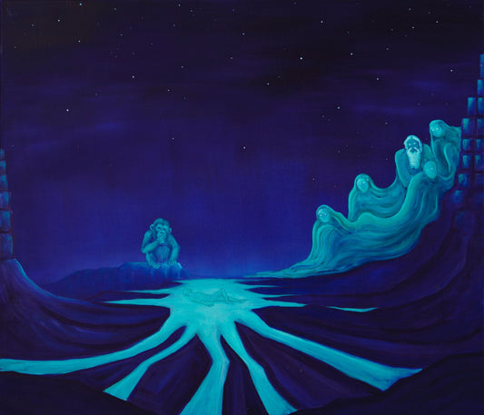 Voidcoloured artwork of ethereal ancestral spirits under a deep blue sky, with a glowing river and cosmic stillness original dimensions.