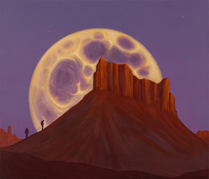 Voidcoloured painting of two figures ascending a red mountain beneath an immense glowing moon on a violet sky original dimensions.