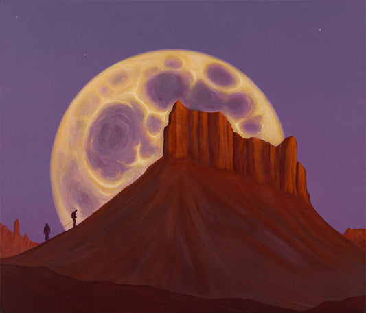 Voidcoloured painting of two figures ascending a red mountain beneath an immense glowing moon on a violet sky original dimensions.
