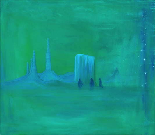 Voidcoloured artwork of spectral figures moving through a green dreamscape toward a glowing vertical starlit veil correct dimensions.