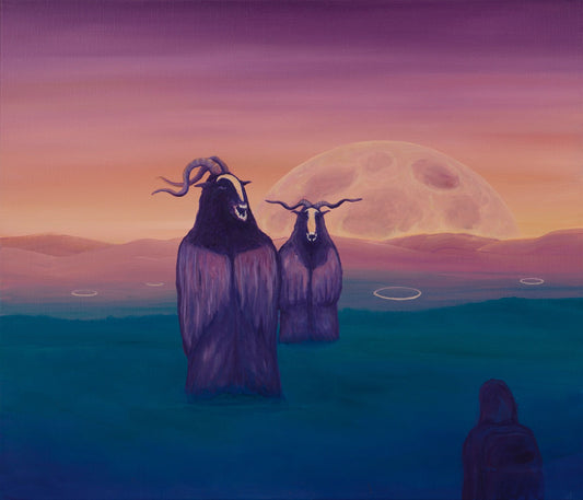 Voidcoloured painting of horned figures facing a lone traveler at dusk, with a pale moon rising over desert hills in correct dimensions.