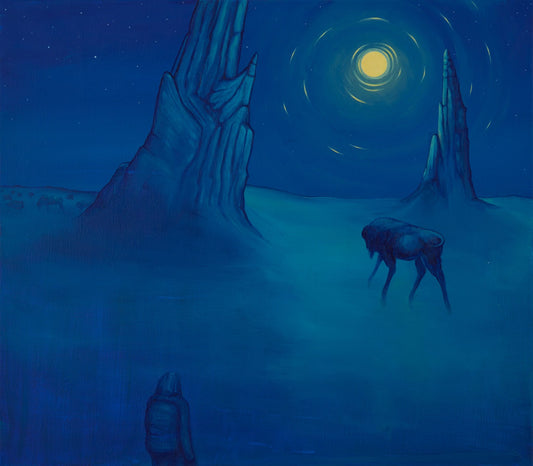 Voidcoloured painting of a cloaked figure following a mysterious creature under a bright moon in a dreamlike desert in correct dimensions.